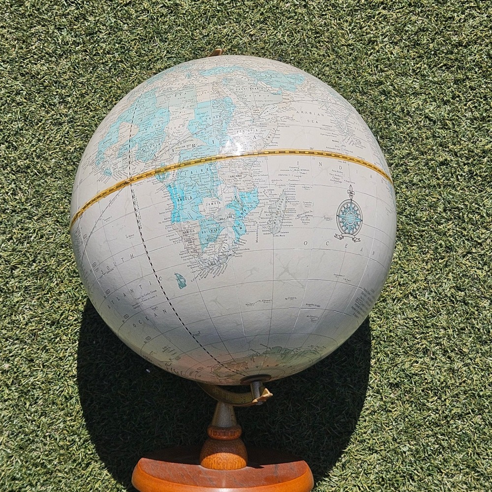 Crams Imperial World Globe Vintage Cream Map Wood Base Brass Meridian USA - Picture 4 of 8